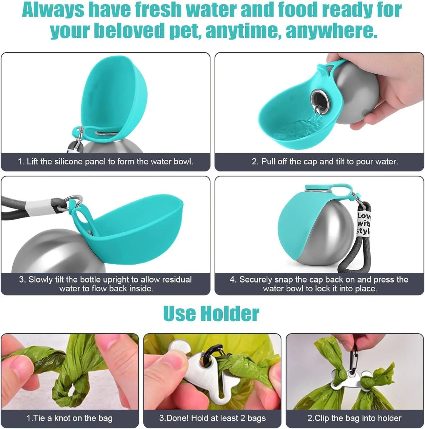 Pet Drinking Bottle with Silicone Bowl